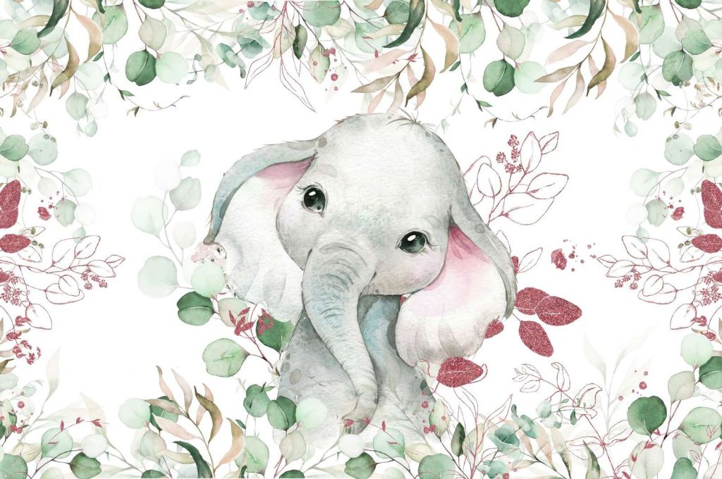 Bébé éléphant feuillage menthe et rose